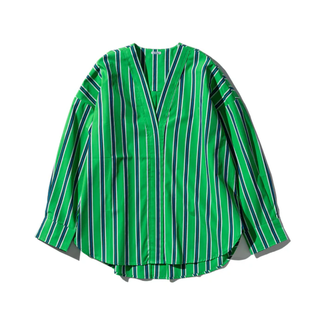 Camicia in cotone a righe Verde scollo V - Puebco