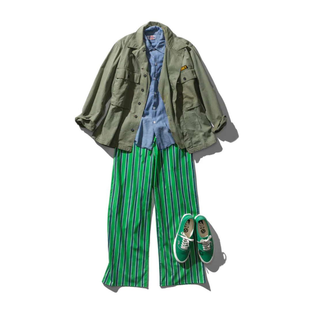 Pantalone in cotone a righe Verde - Puebco