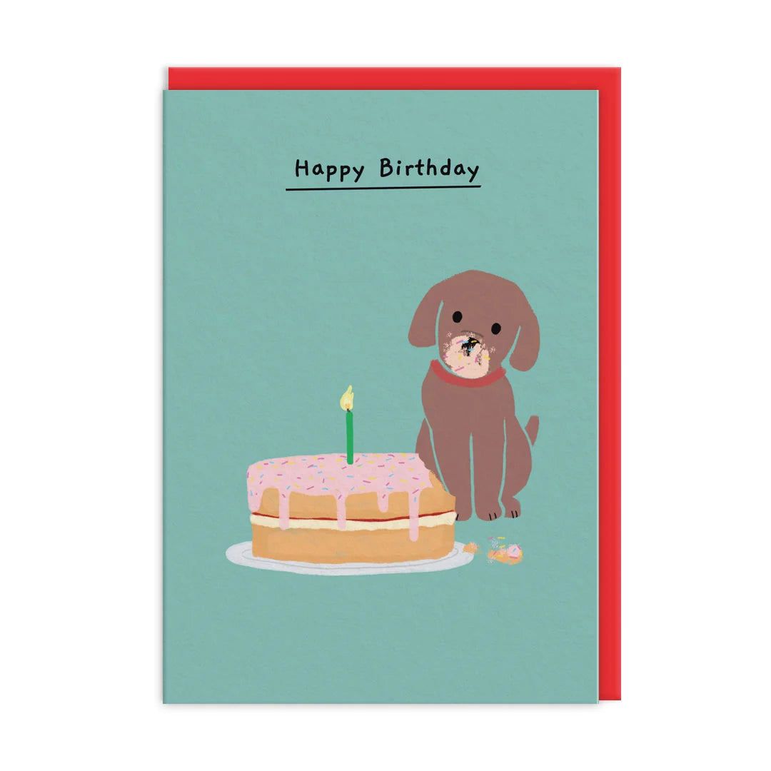 Biglietto A6 "Happy Birthday" con Cane che mangia la torta - Ohh Deer